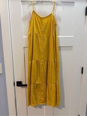 LOFT Mustard Yellow Tiered Button-Front Maxi Dress